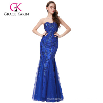 Grace Karin trägerlosen Schatz Royal Blue Tüll Netting Prom Meerjungfrau Kleid GK001031-1